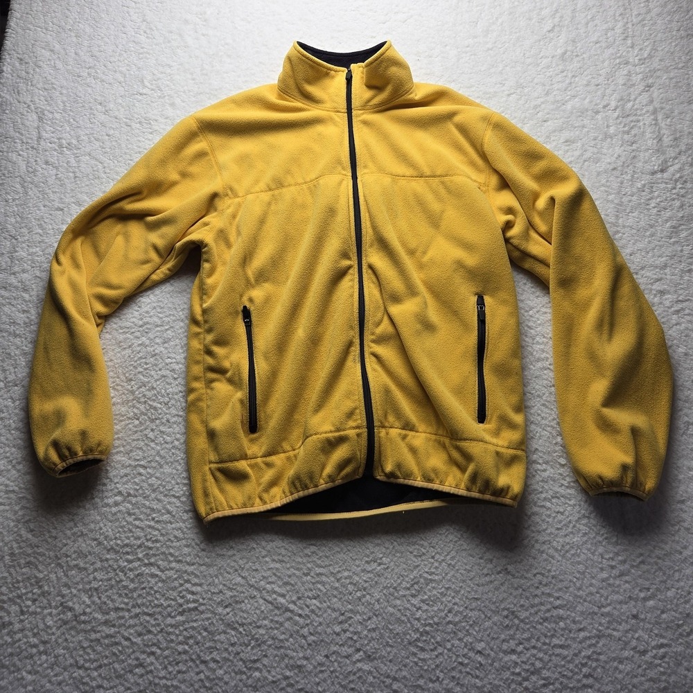Lands' End Fleece Jacket Mens Medium Yellow Full Zip Stand Collar Pockets Warm